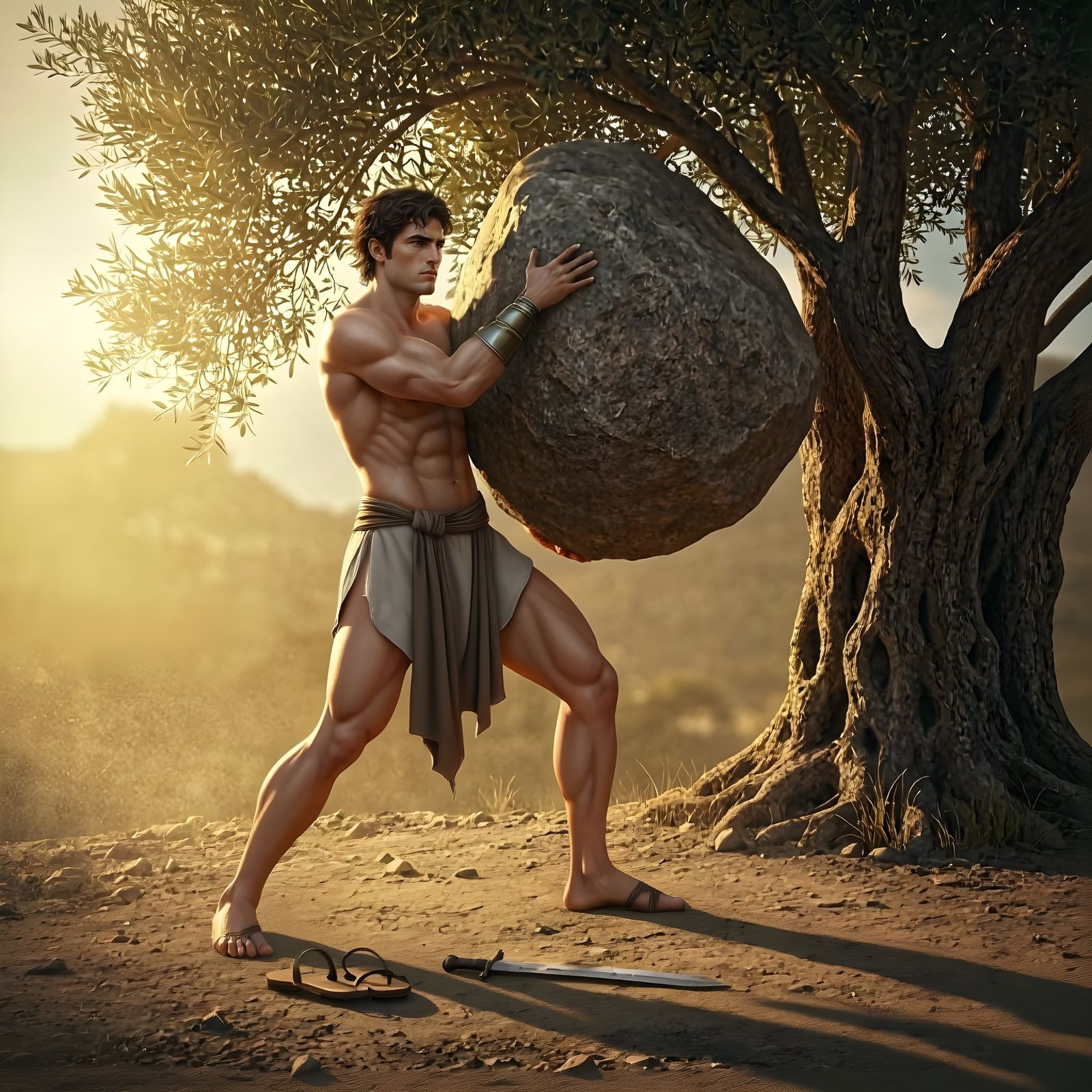 Ancient Greek Hero Theseus Lifts Boulder in Golden Hour Ligh...