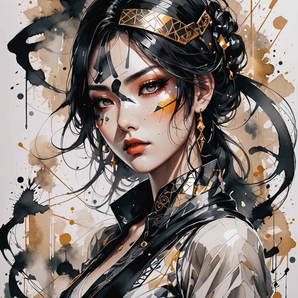 Woman in Ink Fusion Art with Geometric Shards
