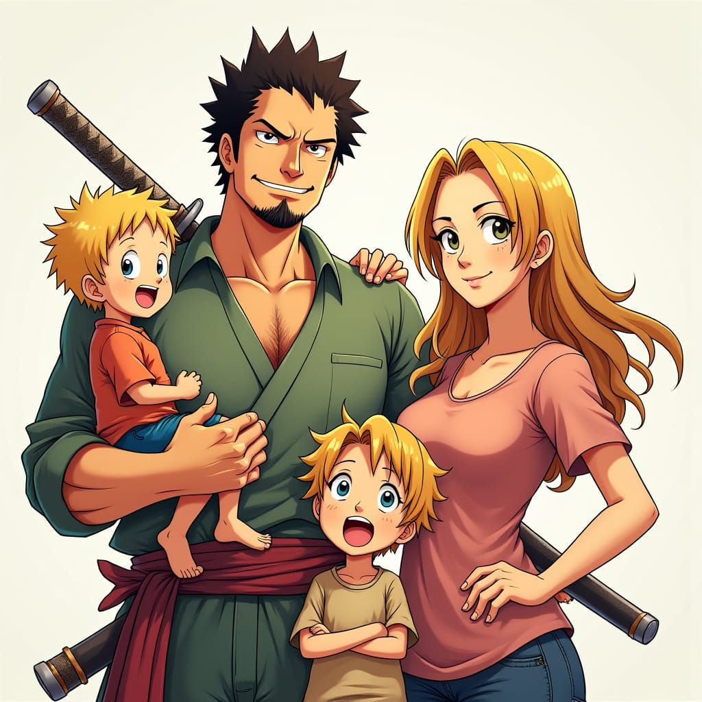 Family Portrait in Anime Style with Samurai Sword