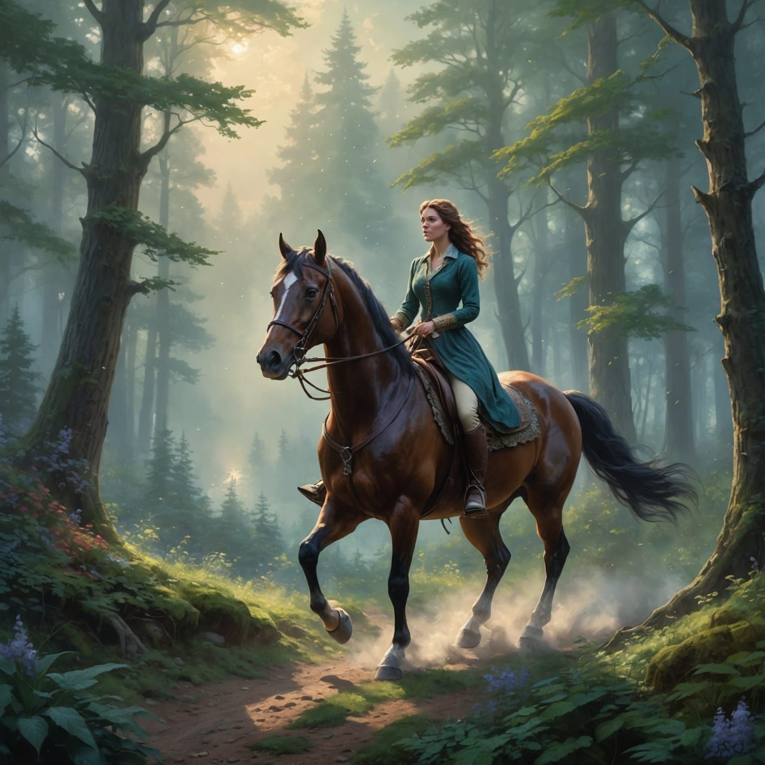 Ethereal Woman Rides Horse Through Misty Forest