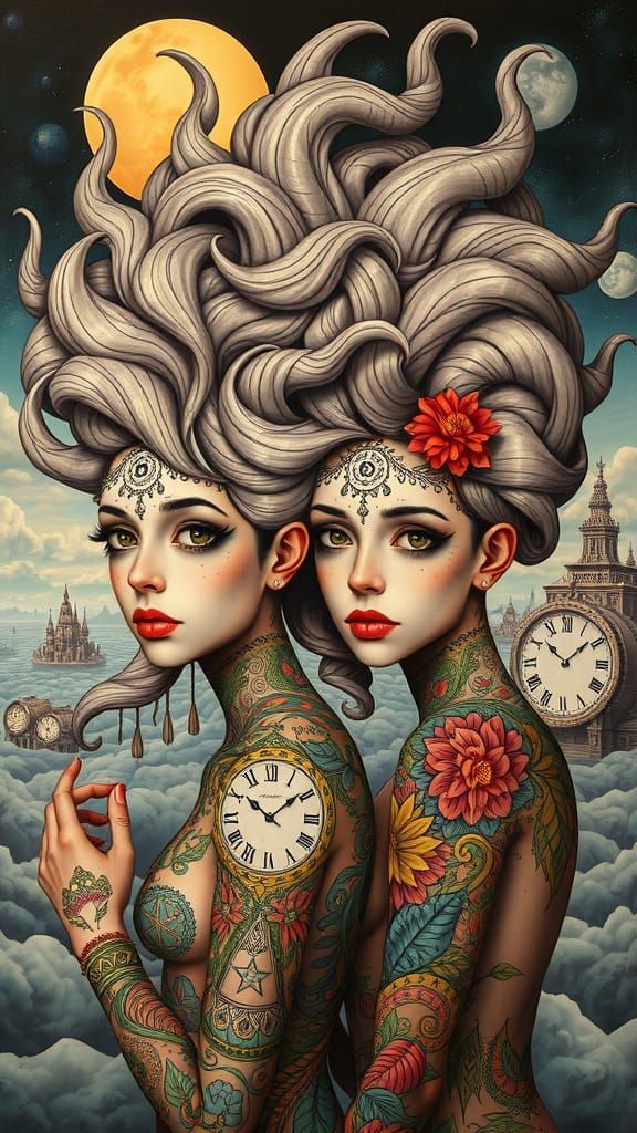 Surrealist Sisters with Fantastical Tattooed Hair and Dreams...