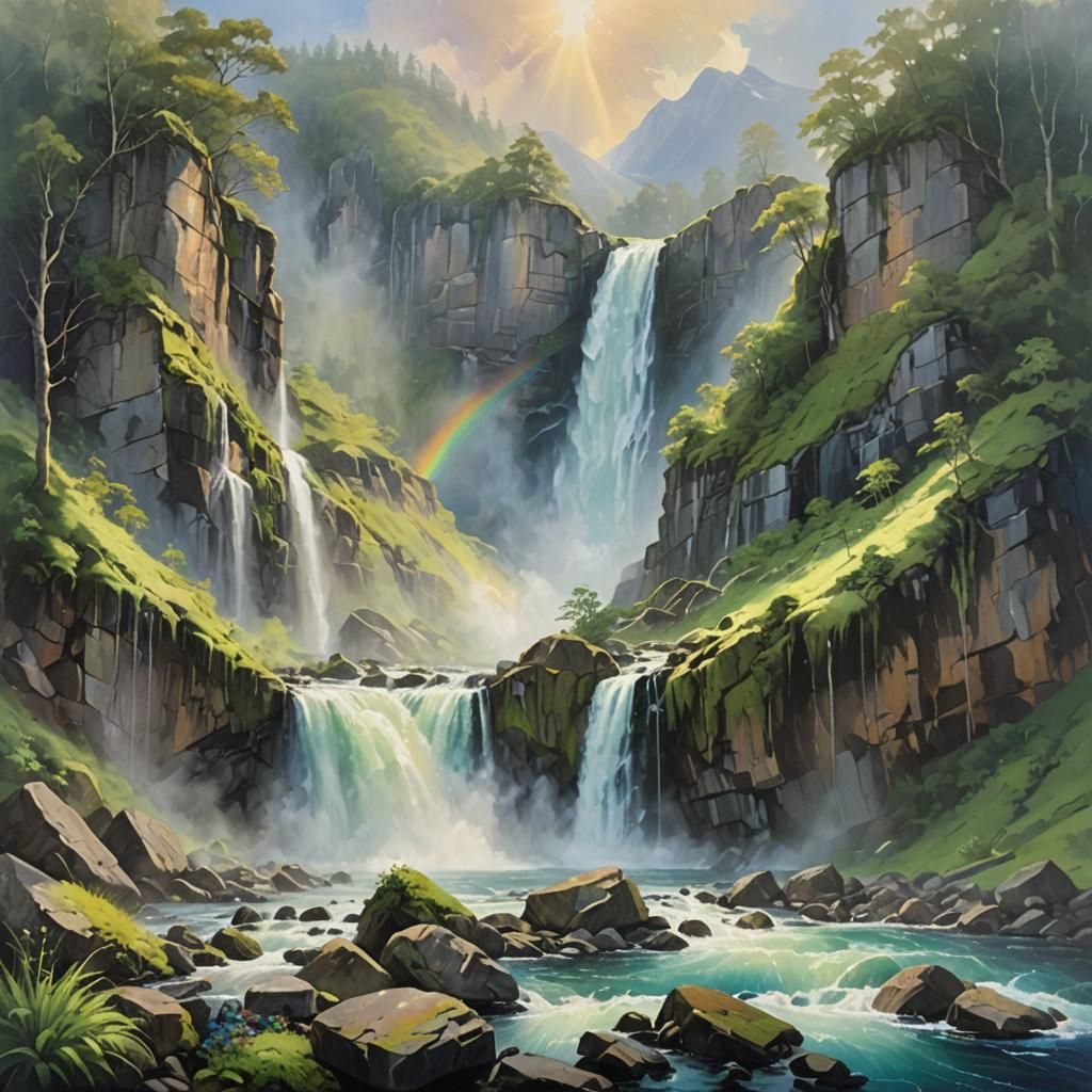 Powerful Waterfall Painting in Impressionist Style