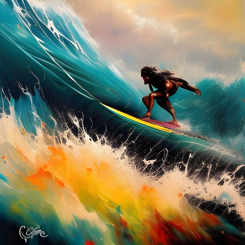 Surfer on Whimsical Terrifying Wave: Detailed Brush Stroke A...