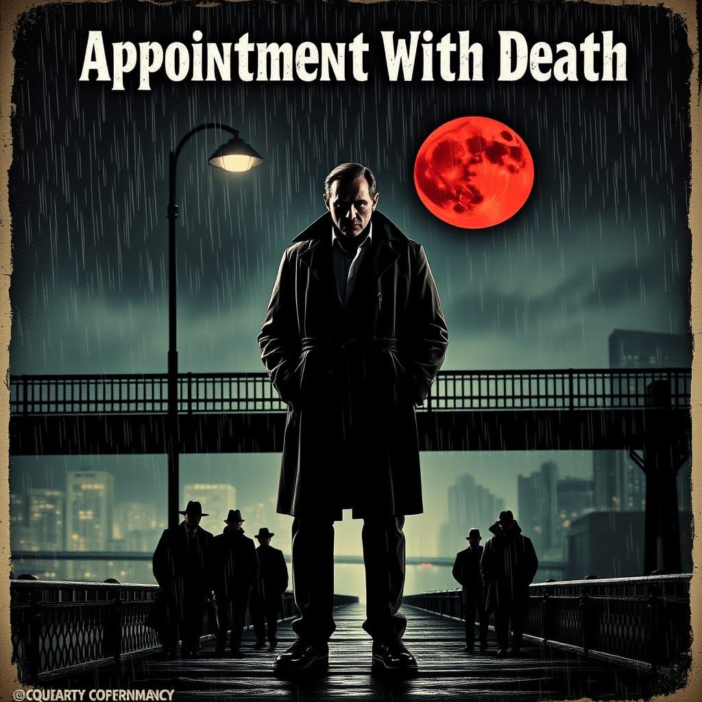 Noir Detective on Bridge Under Crimson Moon