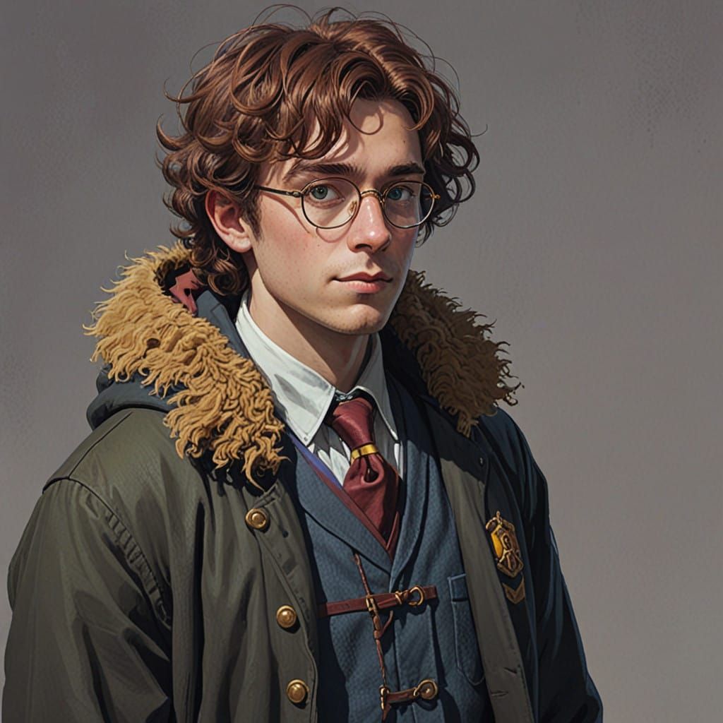 Teenage Wizard in Gryffindor Robes with Curly Brown Hair and...
