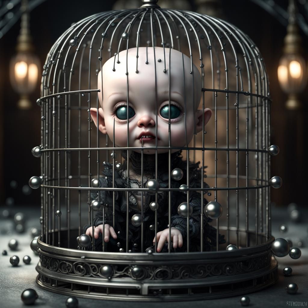 Cute Pinhead Baby in Cage, Mark Ryden Style
