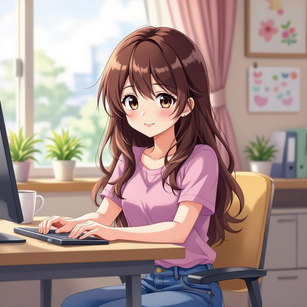 Anime Girl at Desk in Pastel Hues