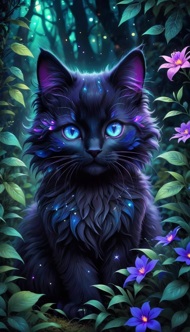 Whimsical Forest Stargazer Cat Illuminated by Magical Colors