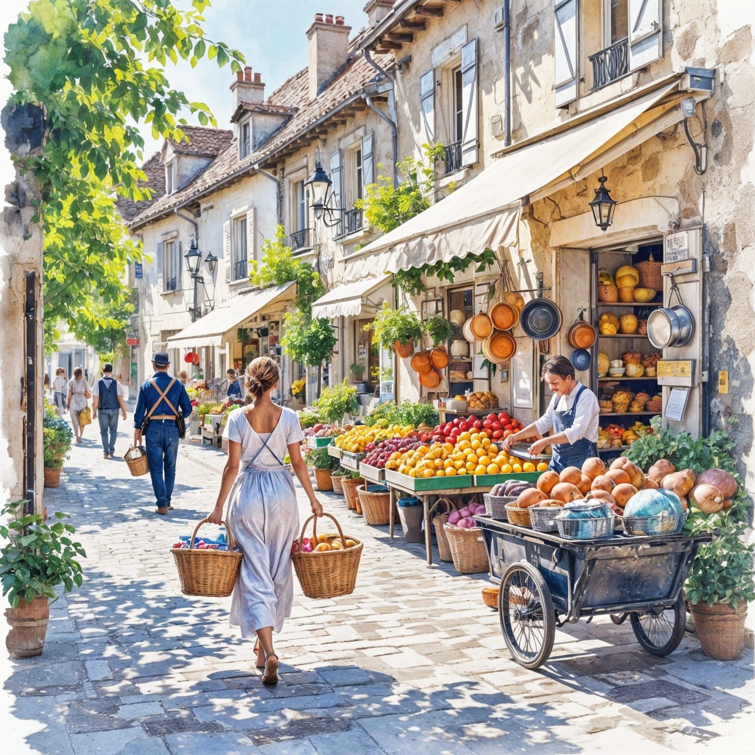 French Village Street Scene in Watercolour Style