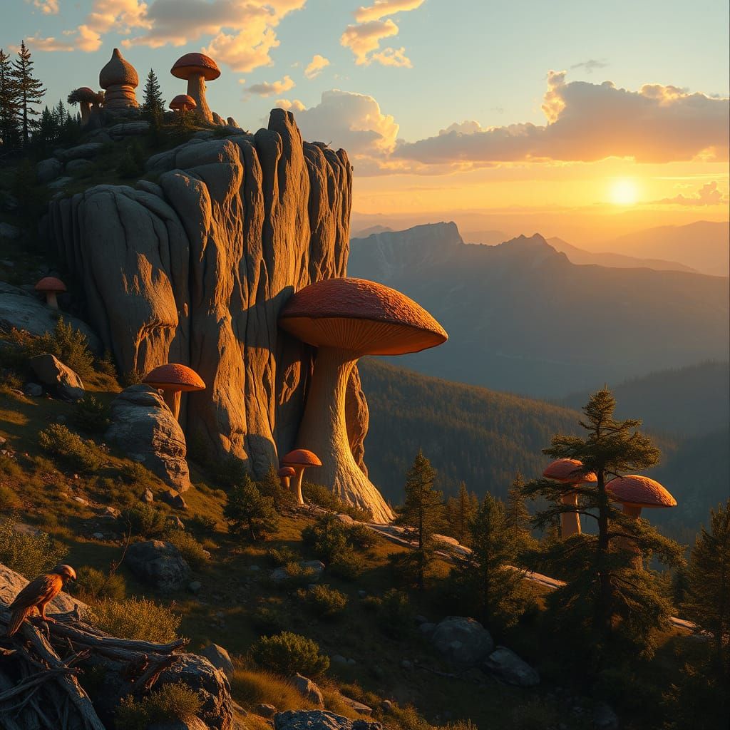 Mushroom Cliff at Sunset: A Bierstadt-esque Landscape