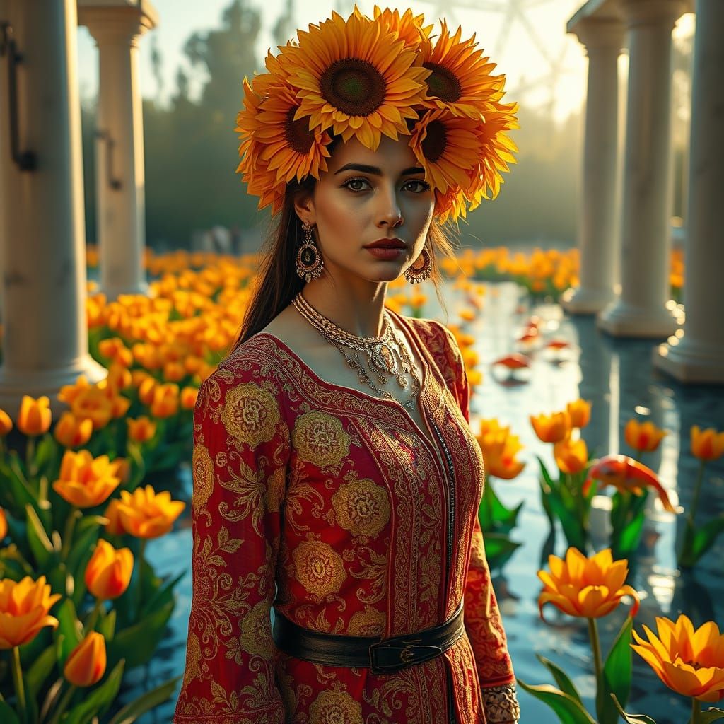 Woman in Turkish Attire with Sunflower Crown