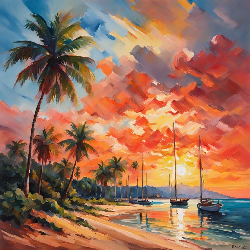A beautiful sunset seascape, tropical beach, gouache paintin...