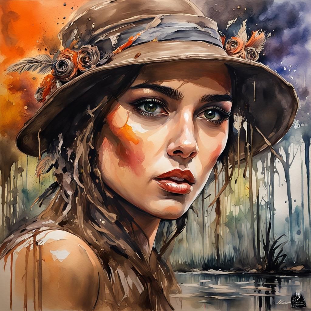 Swamp Woman in Watercolor Street Art Style