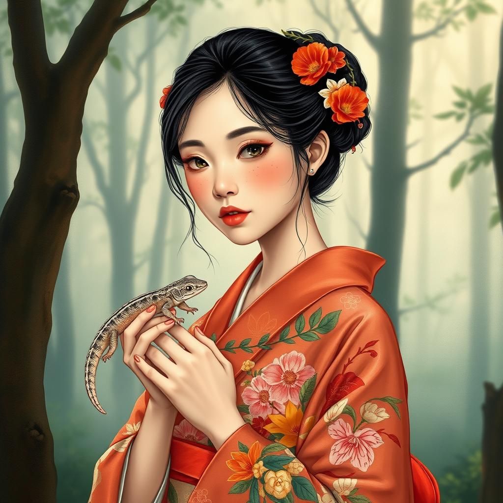 A girl with her pet salamander