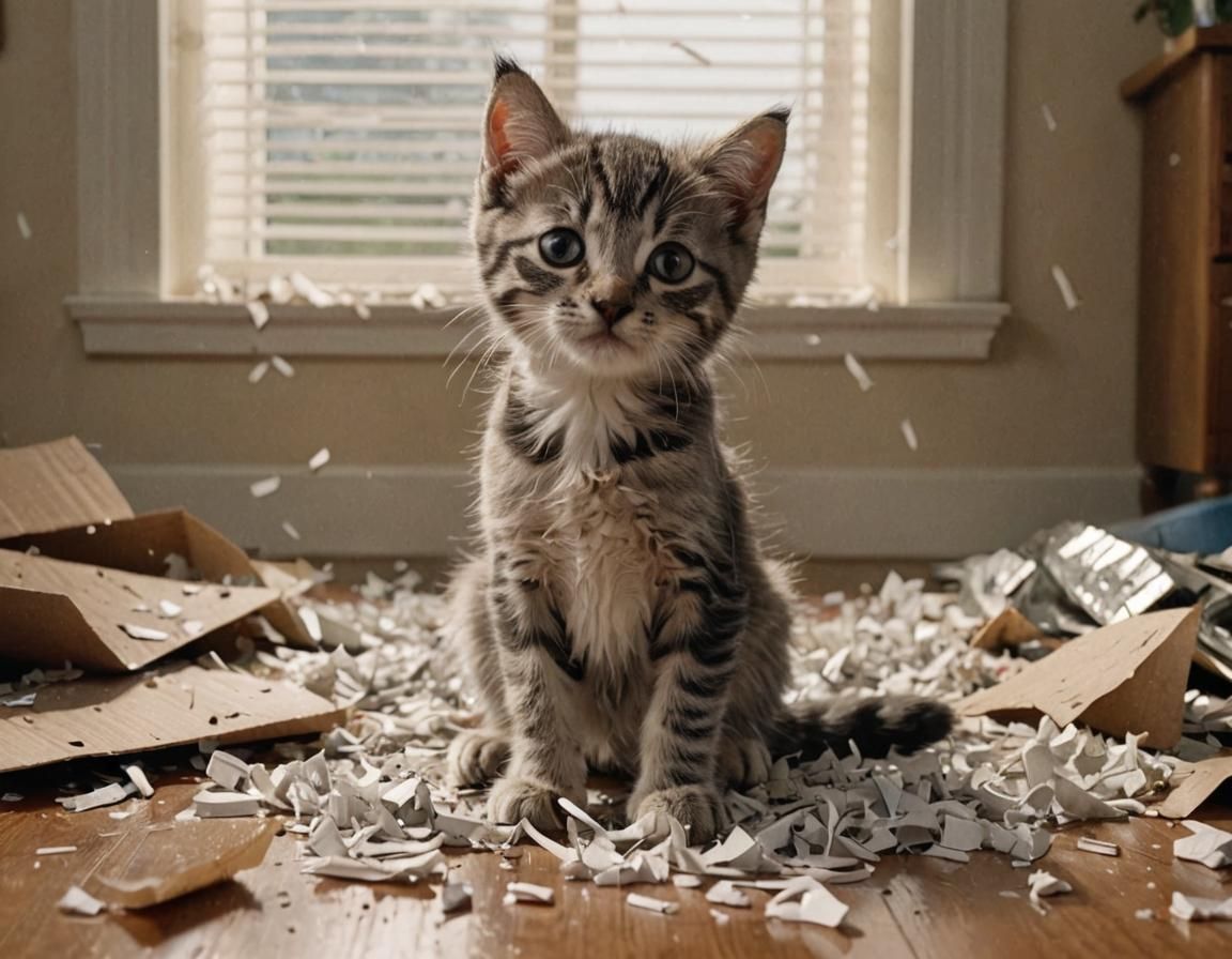 Sad Kitten in a Destroyed Living Room: Movie Still