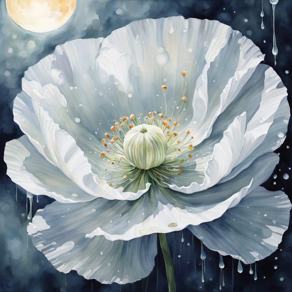Ethereal Watercolor of a White Poppy Floating in Moonlight