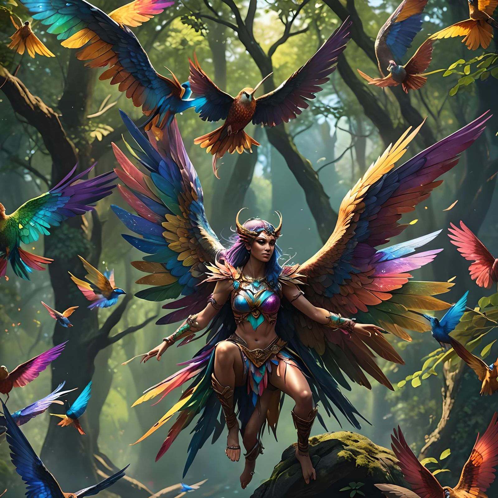 rainbow sparkle wings on an anthropomorphic female fairy bir...