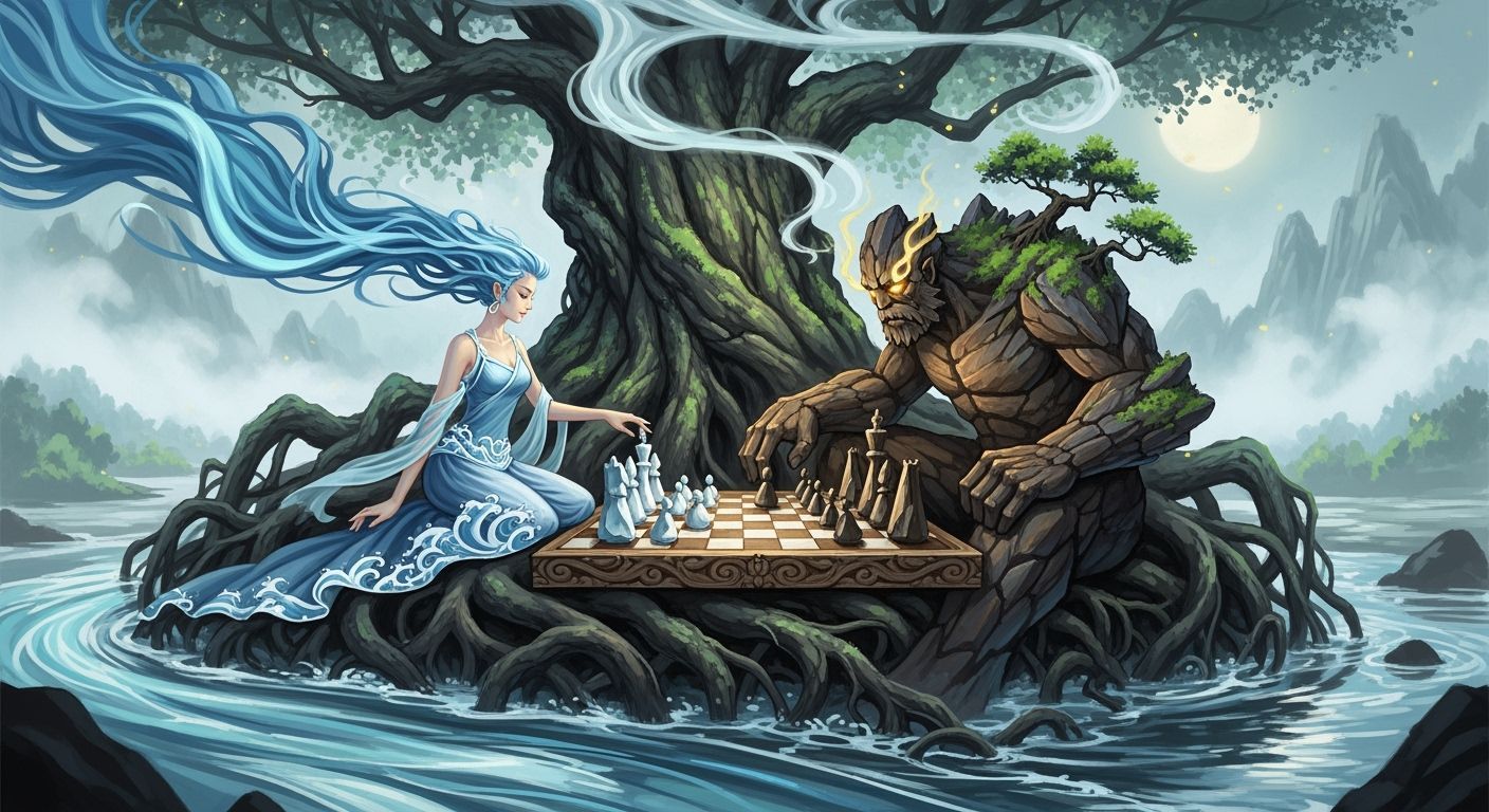 Mythic River Spirit Plays Chess with Mountain Giant in Ink W...