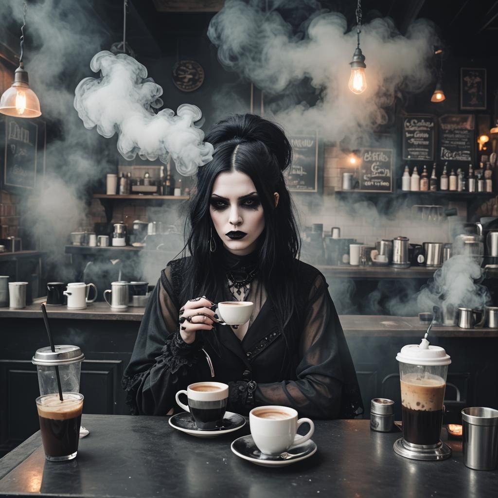 Goth Fashion Model in Smoky Coffee Shop