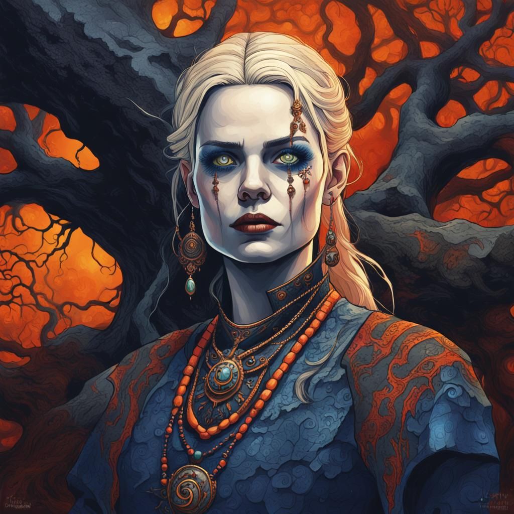 Gothic Vampire Portrait in Indigo and Orange