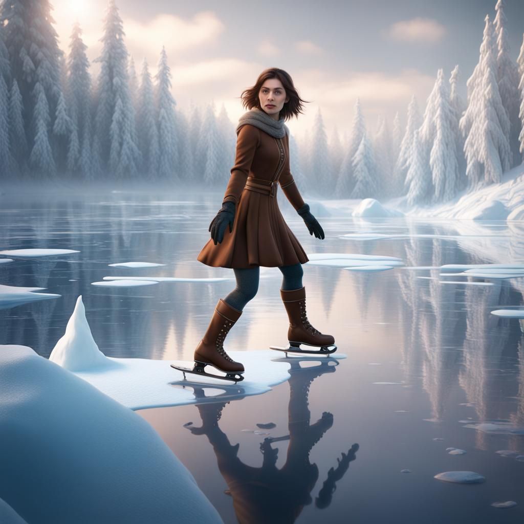 Woman Skating on Frozen Lake: Detailed Digital Painting
