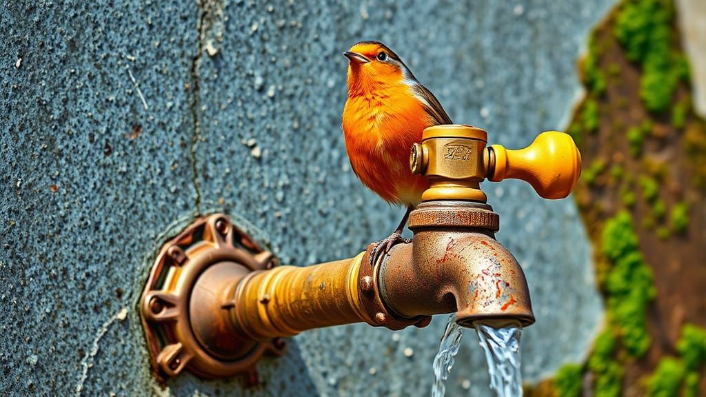 Warm Robin Perched on Vintage Faucet in Serene Setting