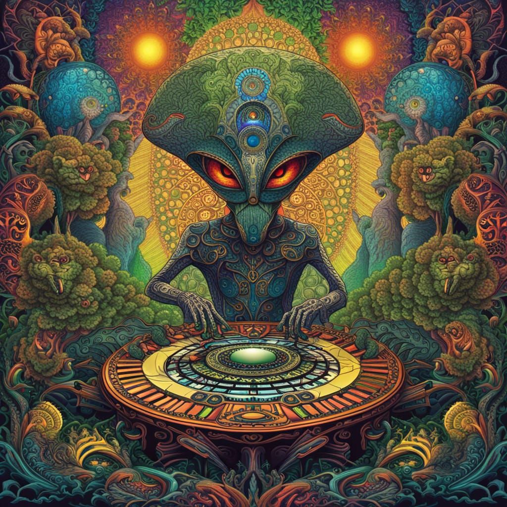 Psychedelic Alien DJ in Mirrored Forest