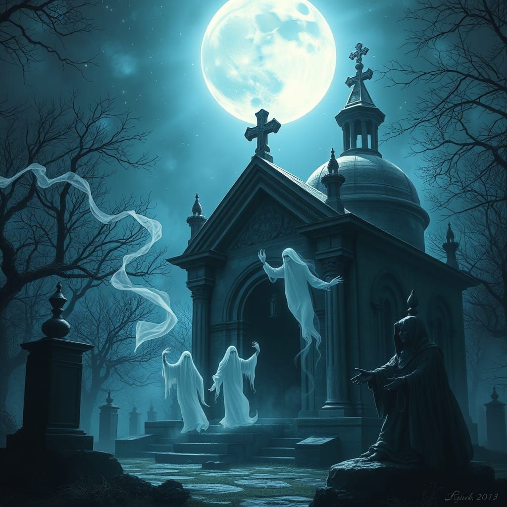 Ethereal Spirits Rise From Gothic Mausoleum at Night
