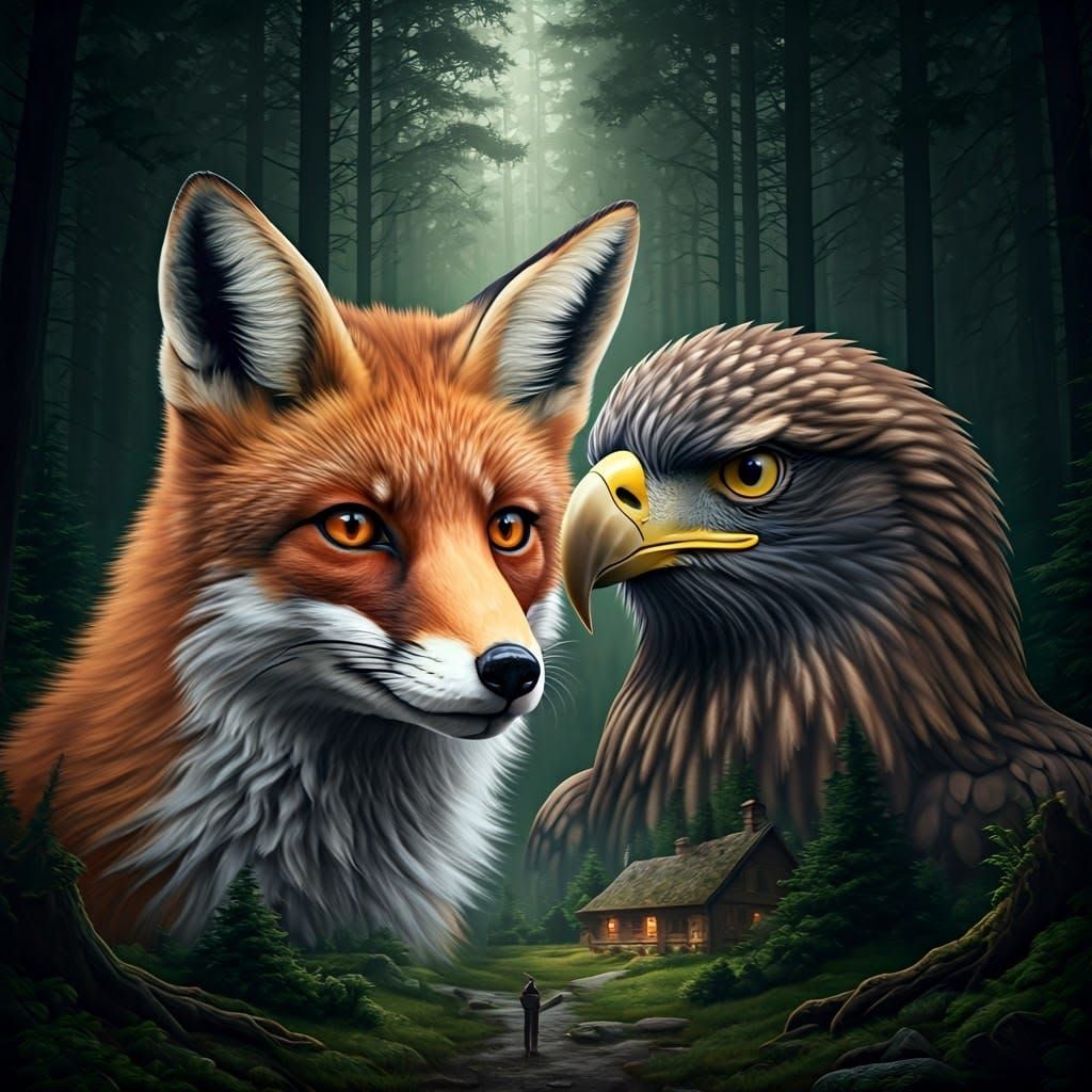 double exposure portrait, dual exposure extreme closeup a fox owl and eagle emerging from the forest, world night landsc...