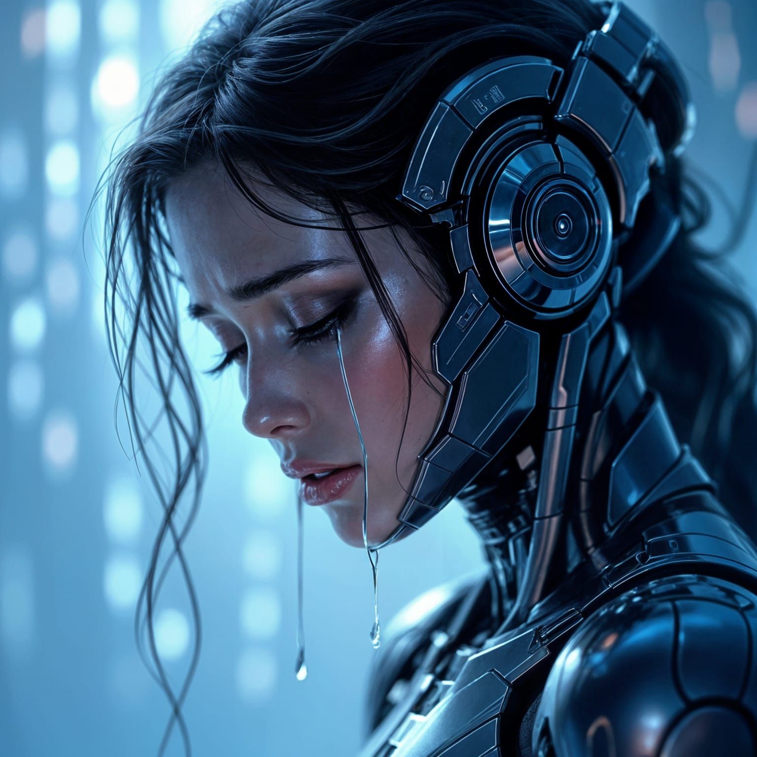 Sorrowful Android Woman Sheds Metallic Tears