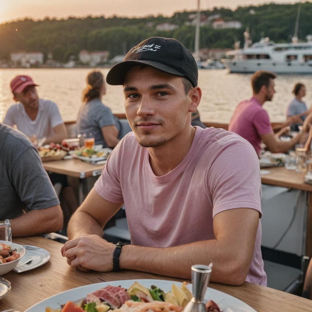 Joyful Man on Luxury Boat at Sunset