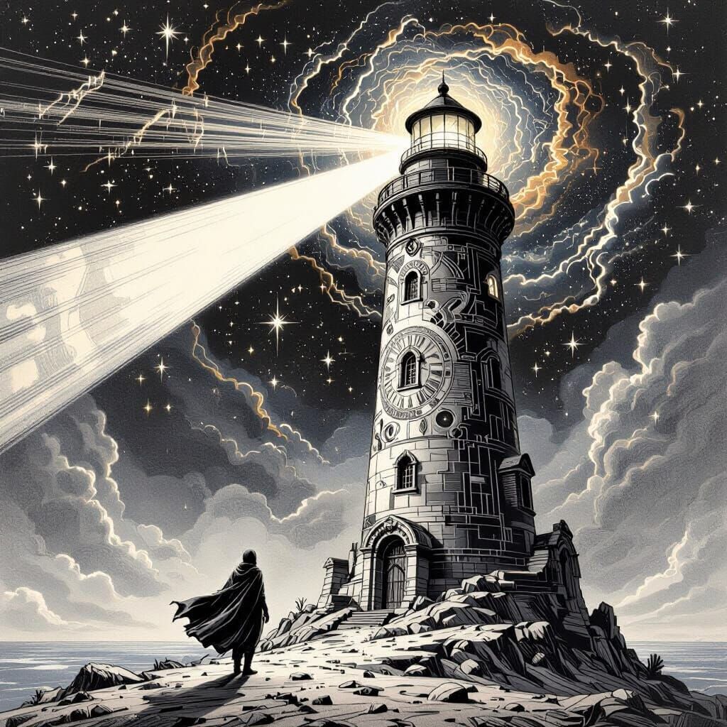 Cosmic Lighthouse in Graphite Pen Style