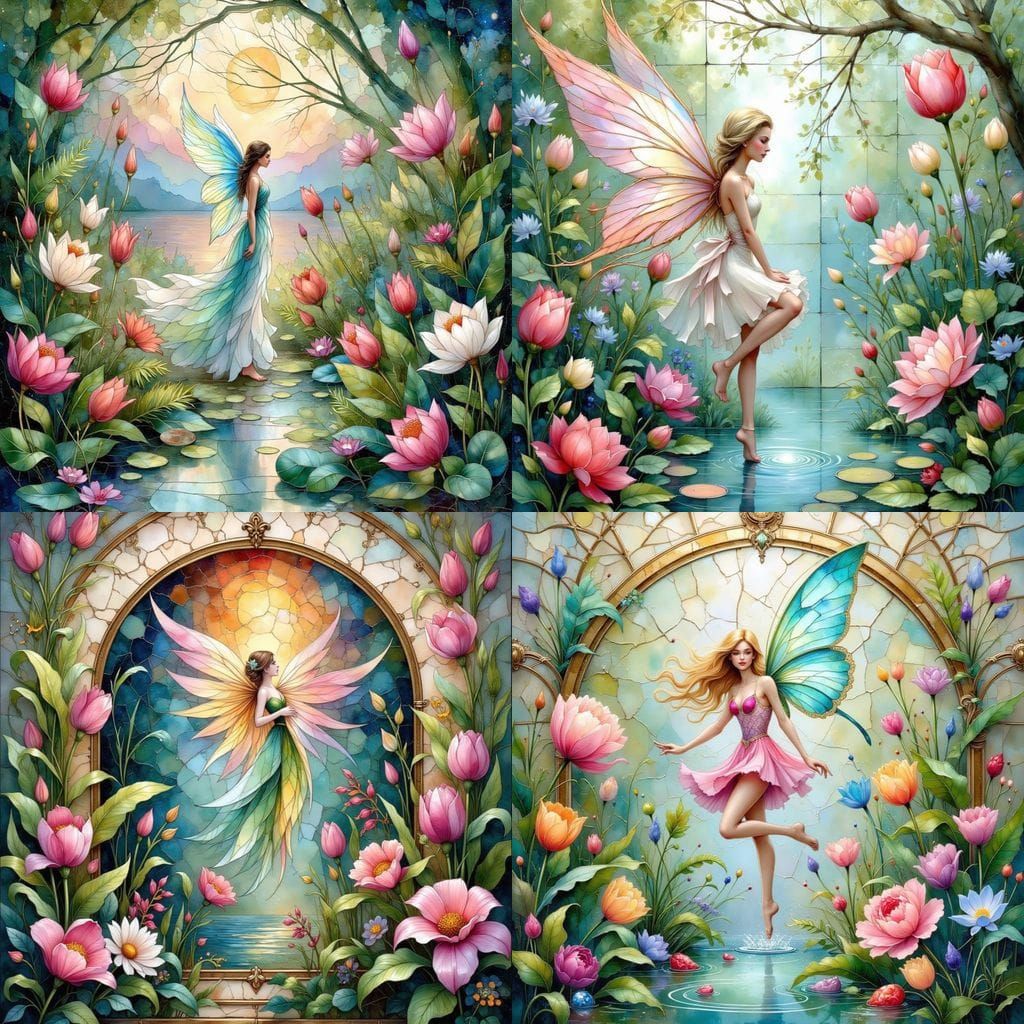 Pastel Mosaic Landscape with Hearts and Stars