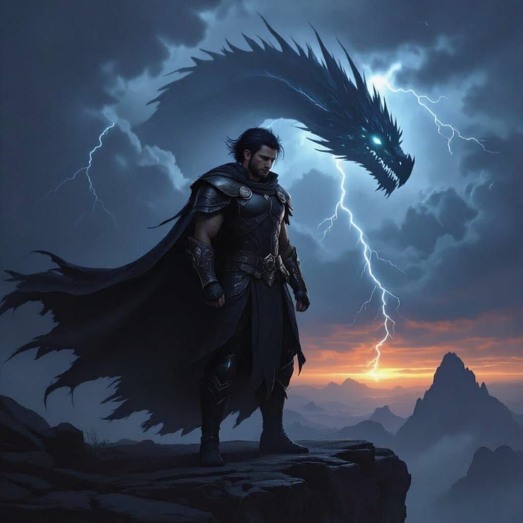 Epic Warrior on Stormy Cliff with Dragon Silhouette