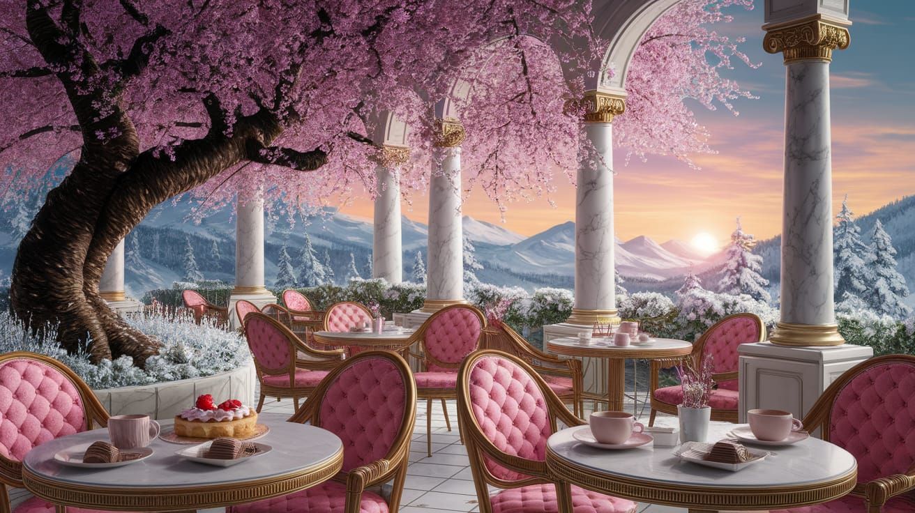 Cafe Under Cherry Blossoms at Sunset in Leroy Neiman Style