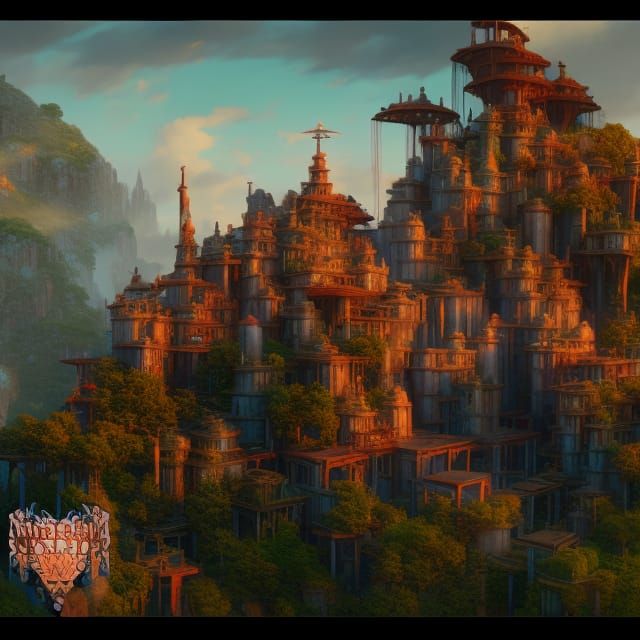 Steampunk Train in Jungle Sunset, Detailed Digital Art