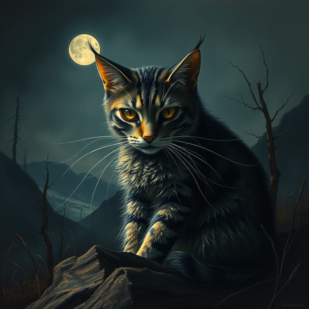 Surreal Cat in Eerie Landscape, Romantic Style