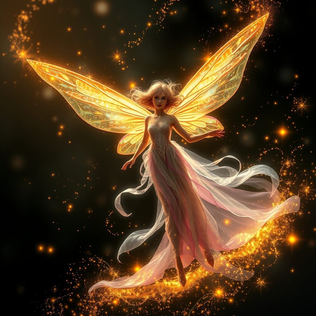 Ethereal Fairy Amidst Golden Sparkling Aura