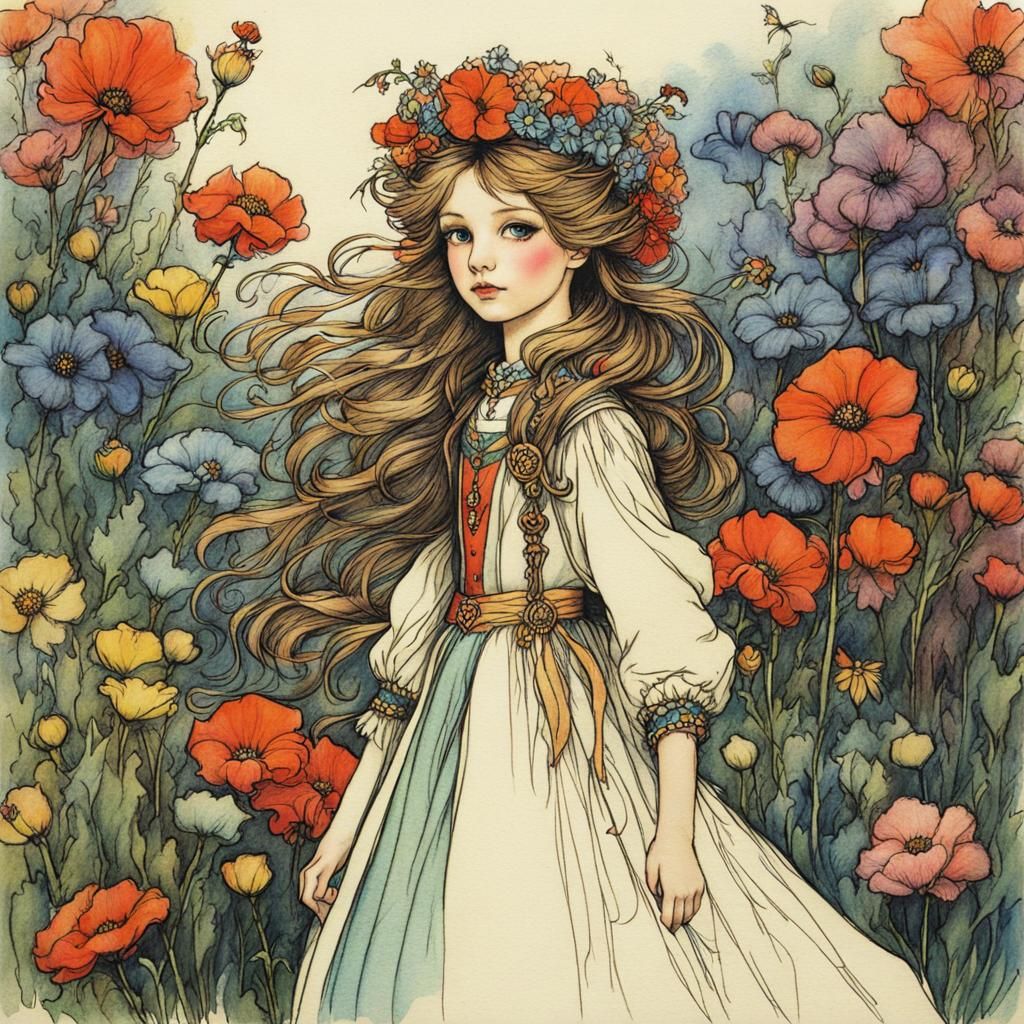 Princess in Flower Garden, Arthur Rackham Style