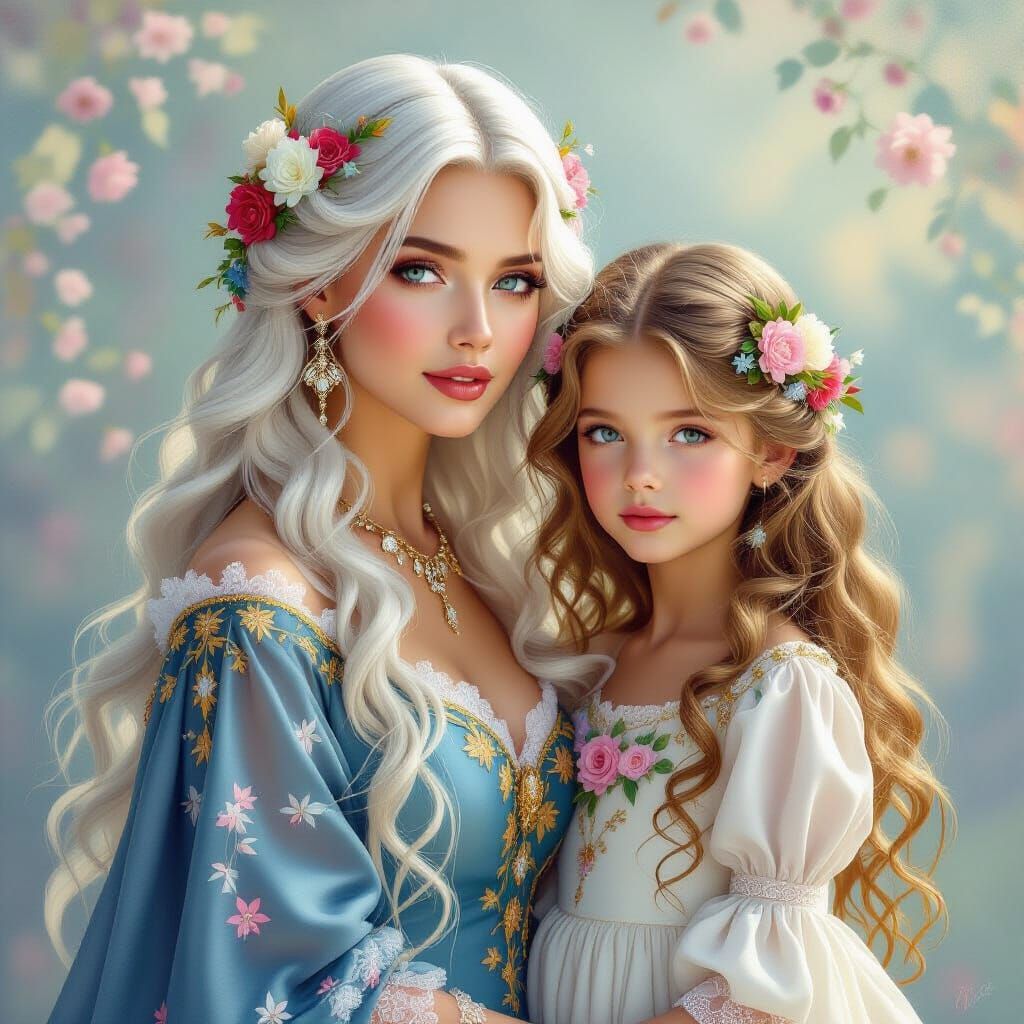 Elegant Woman and Girl in Fairy Tale Portrait