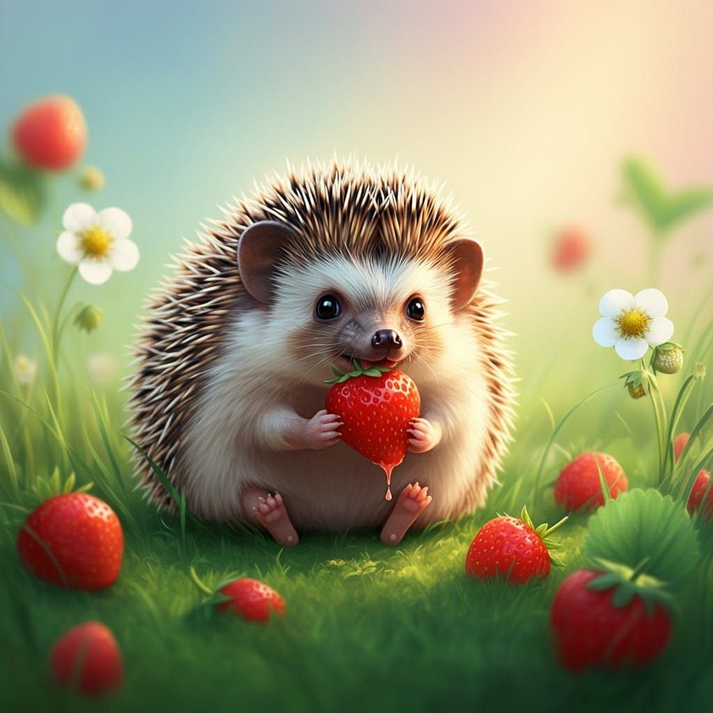 Adorable Hedgehog Eating Strawberries: Pixar-Style Digital A...