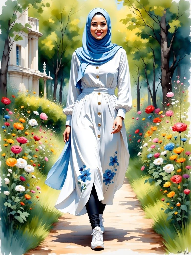 Hijabi Woman in Floral Dress: Art Nouveau Style