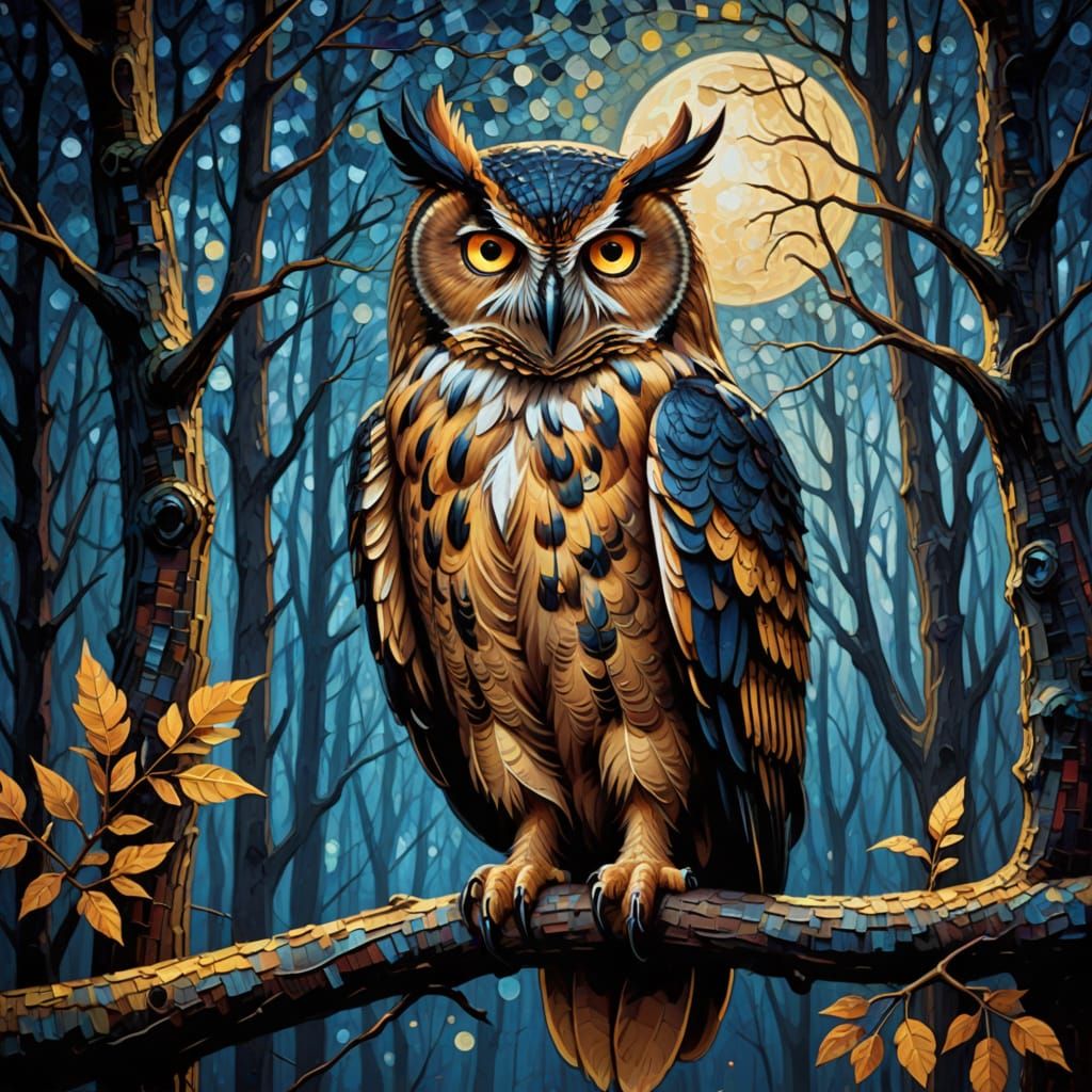 Mystical Owl in Moonlit Forest, Neo-Impressionist Style