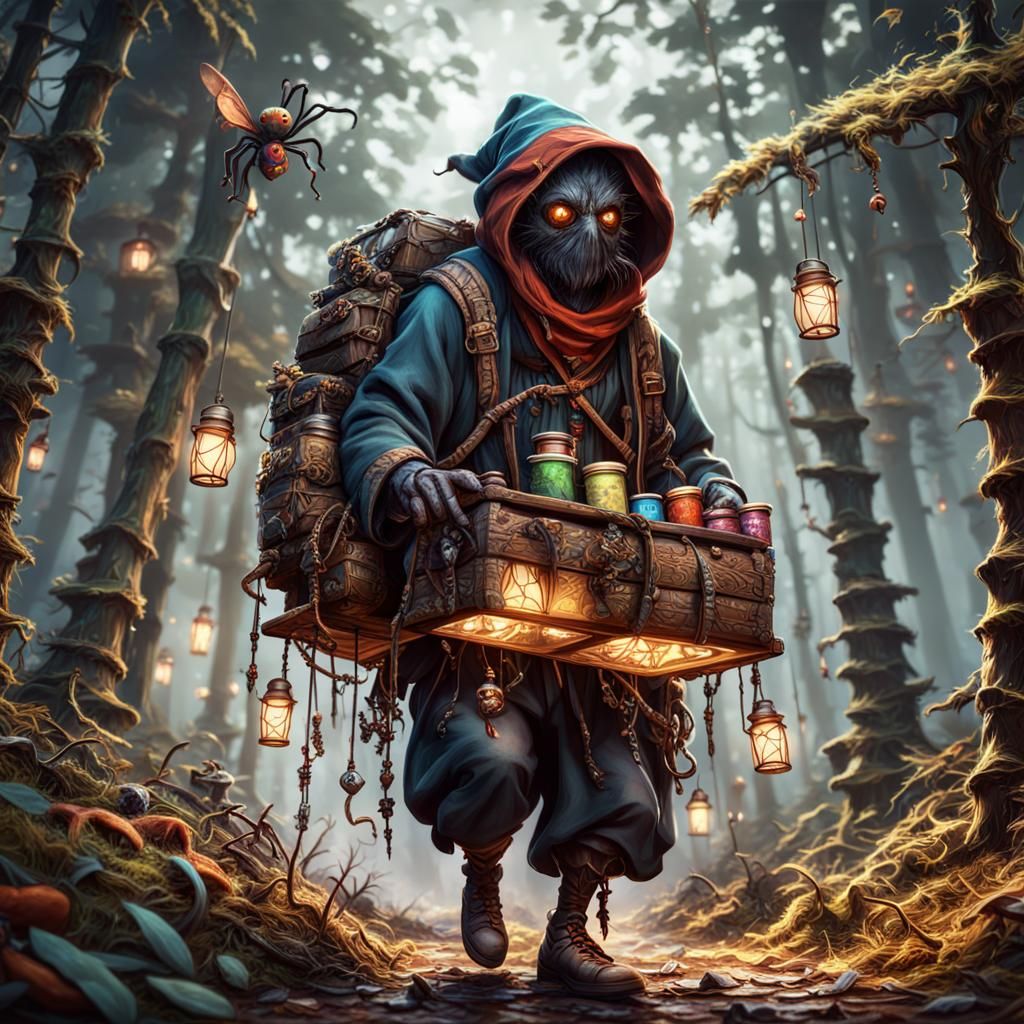 Adorable Spider Merchant in Dark Forest, Fantasy Art
