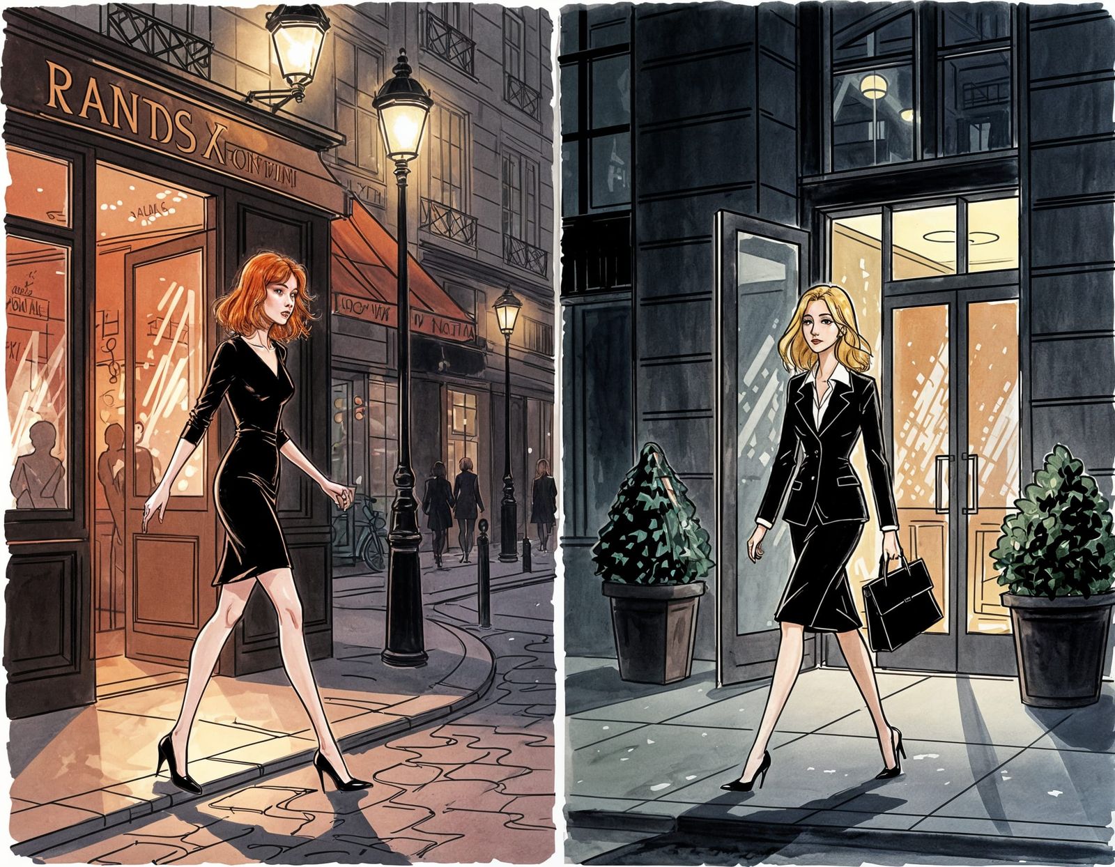 Dual Panel Ink Drawing: Parisian Nightlife vs. Manhattan Off...