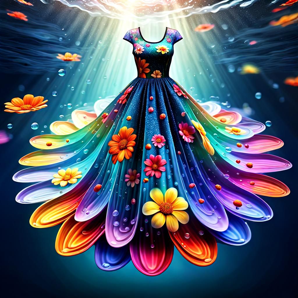 Luminous Floral Dress Floating on Ocean Surface