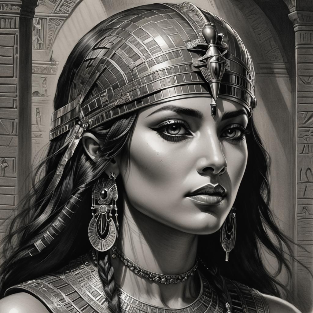 Cleopatra VII: Expressive Pencil Portrait in Chiaroscuro