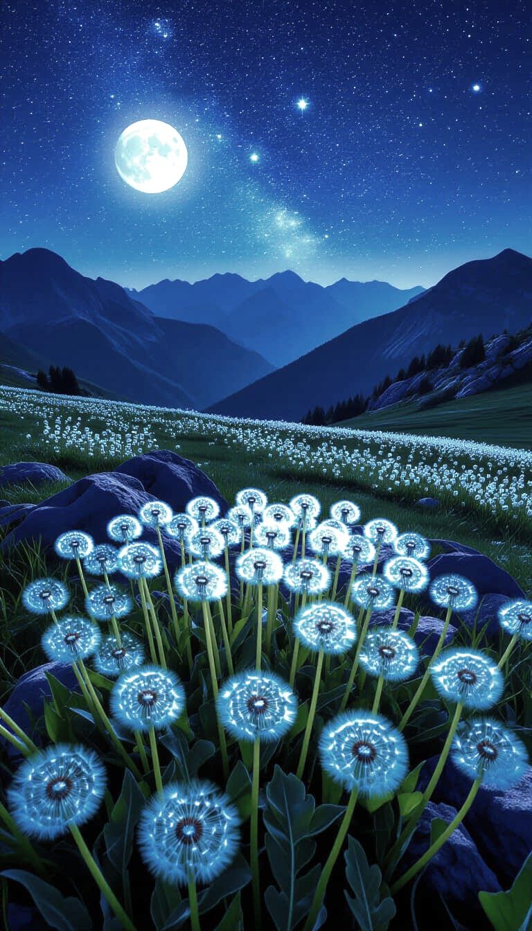 Dandelions Bloom Under Moonlight in Rocky Landscape