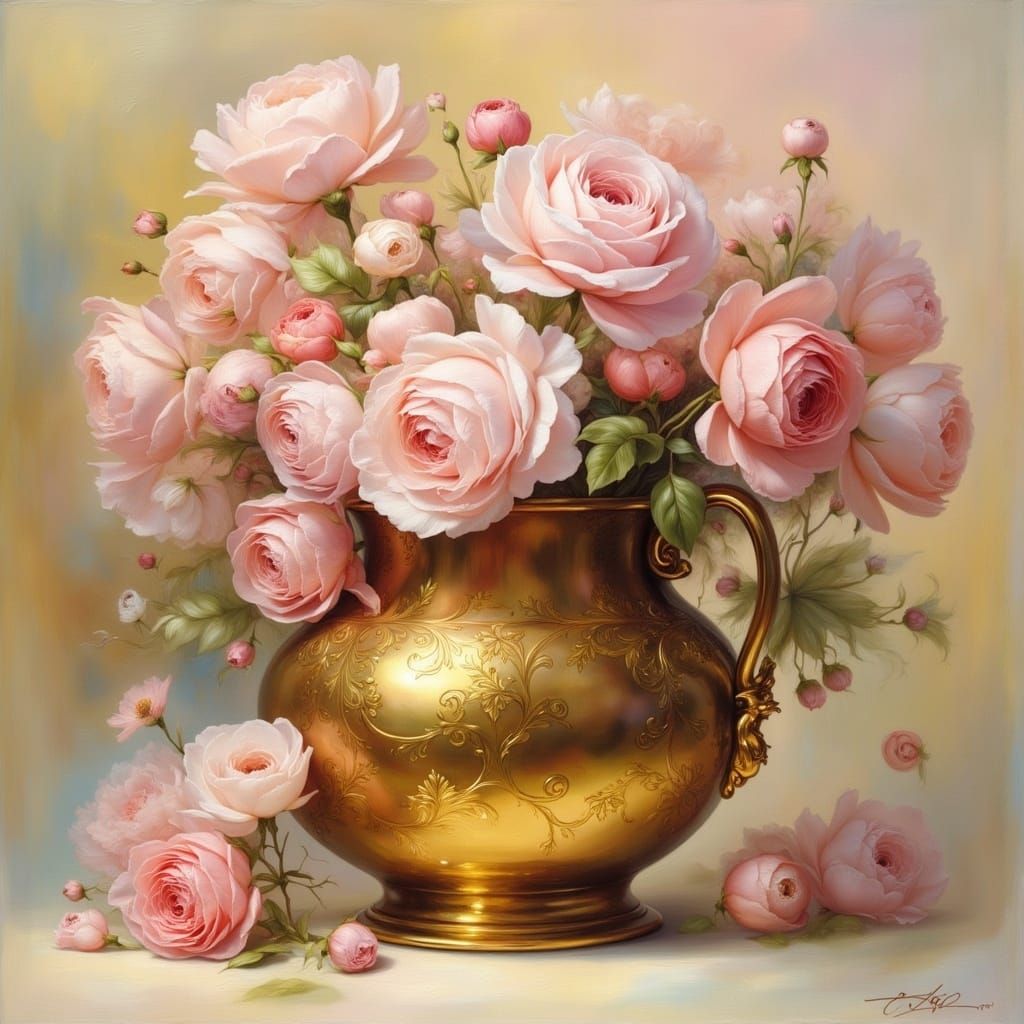 Delicate Golden Vase with Pink Flowers in Impressionist Styl...