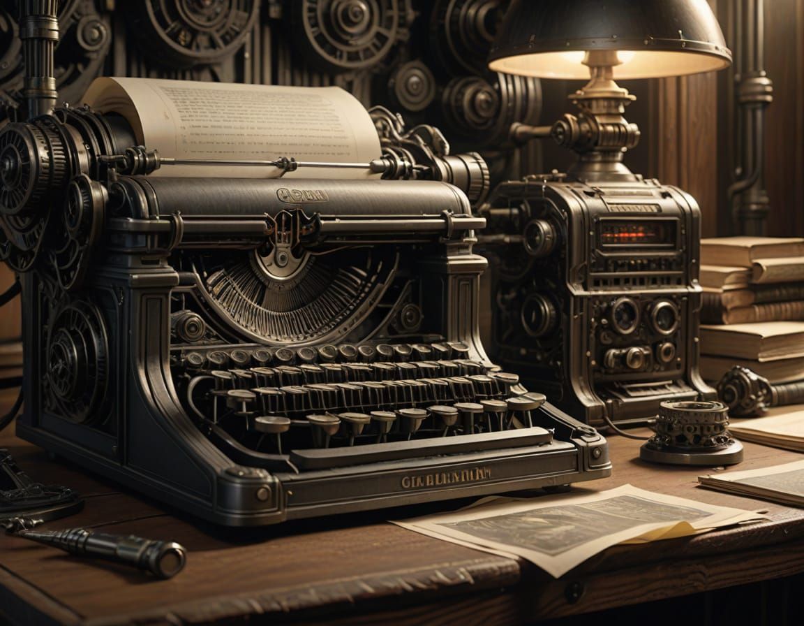 Hyperrealistic Antique Typewriter Concept Art in Warm Golden...